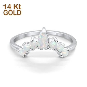 14K White Gold Pear Curved Band Thumb Ring Half Eternity Simulated CZ Lab Created White Opal Wedding Engagement Size-7